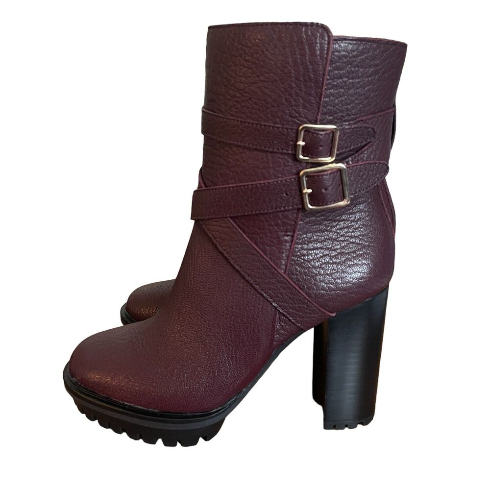 Vince Camuto Lug Sole Mid Calf Boots Sz 6 Elisen Strap Buckle Elderberry Leather